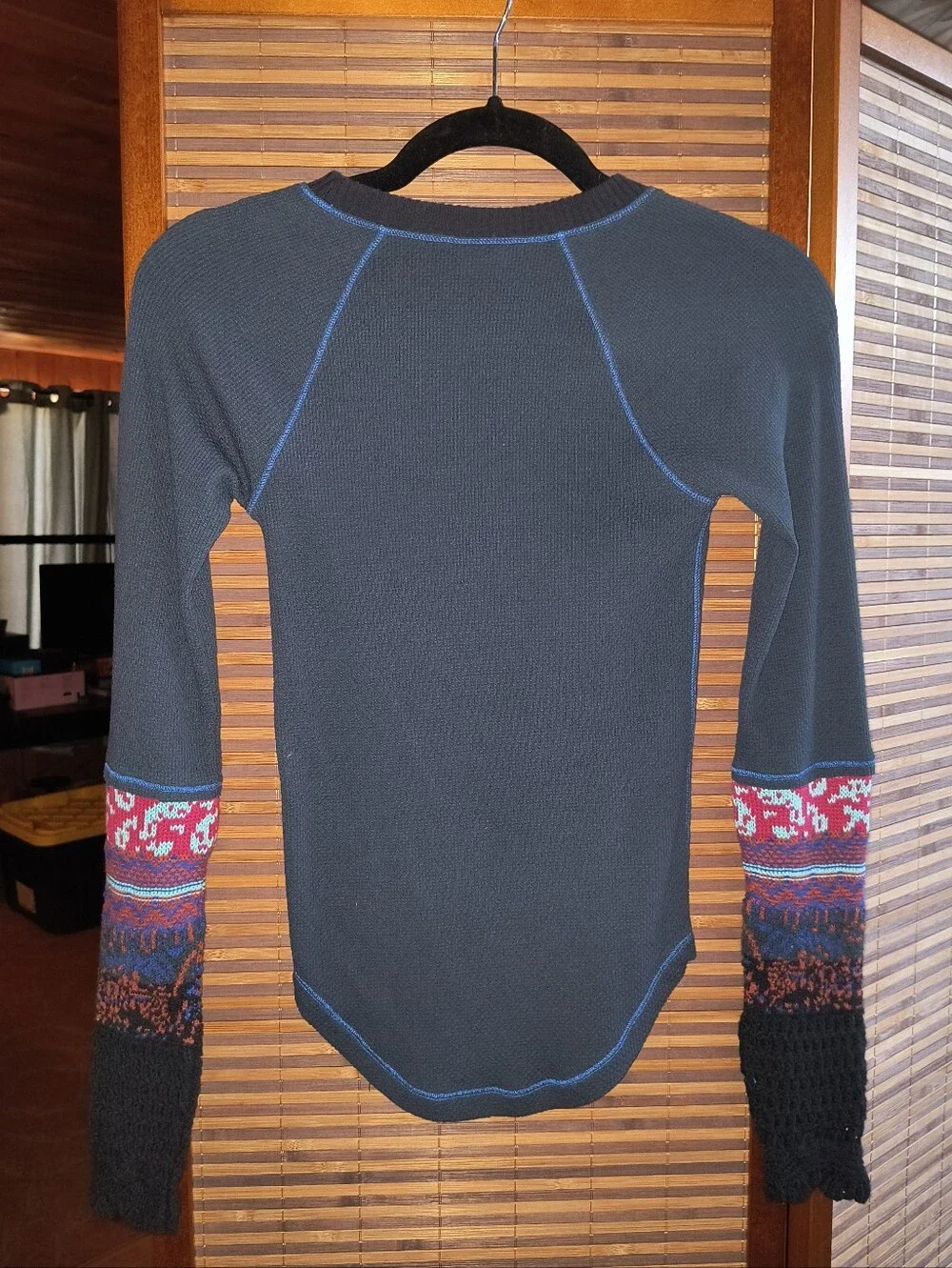 Free People Navy Waffle Thermal Top with Multicolor Patterned Sleeve Panels